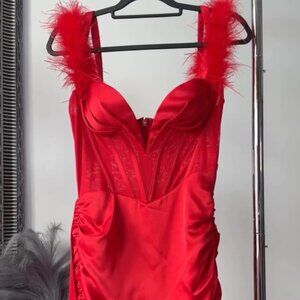 RED FEATHER MINI DRESS